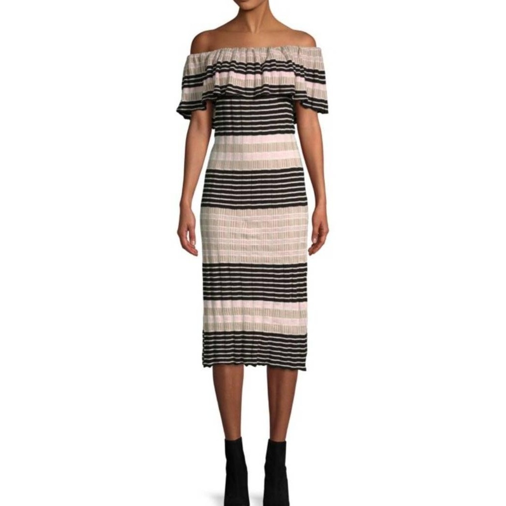 Free‎ People Midi Dress Large Black Beige Striped Off-Shoulder Ruffle Knit
